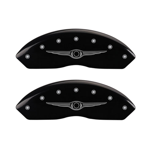 MGP Caliper Covers Front and Rear 32021SCW1BK Black Powder Coat Finish, Set of 4 (Style 1/Chrysler Wing Silver Characters, Engraved)