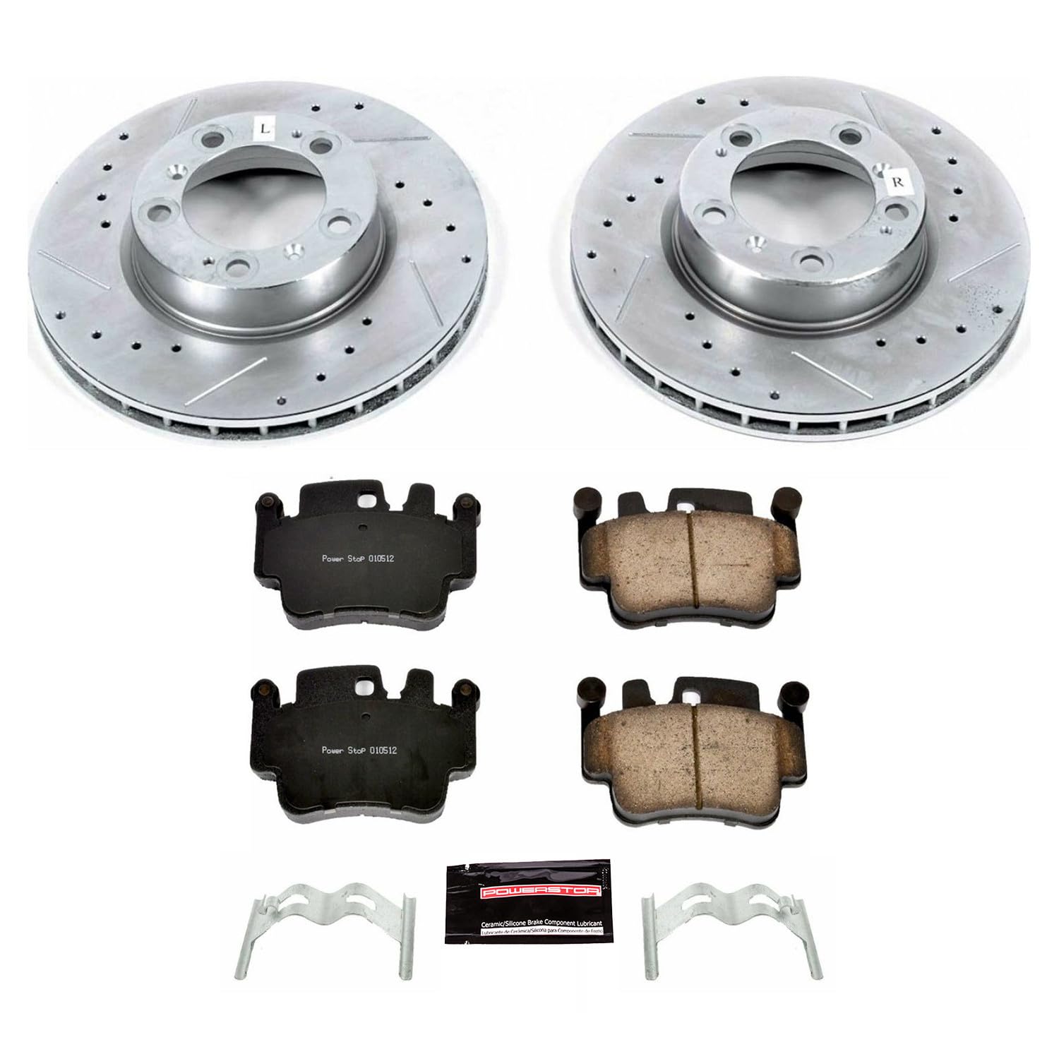 Power Stop K1698 Z23 Carbon Fiber Brake Pads Front with Drilled & Slotted Brake Rotors Kit and 2 Front Sensor Wires For Porsche 911 1999-2005 [Model Specific]