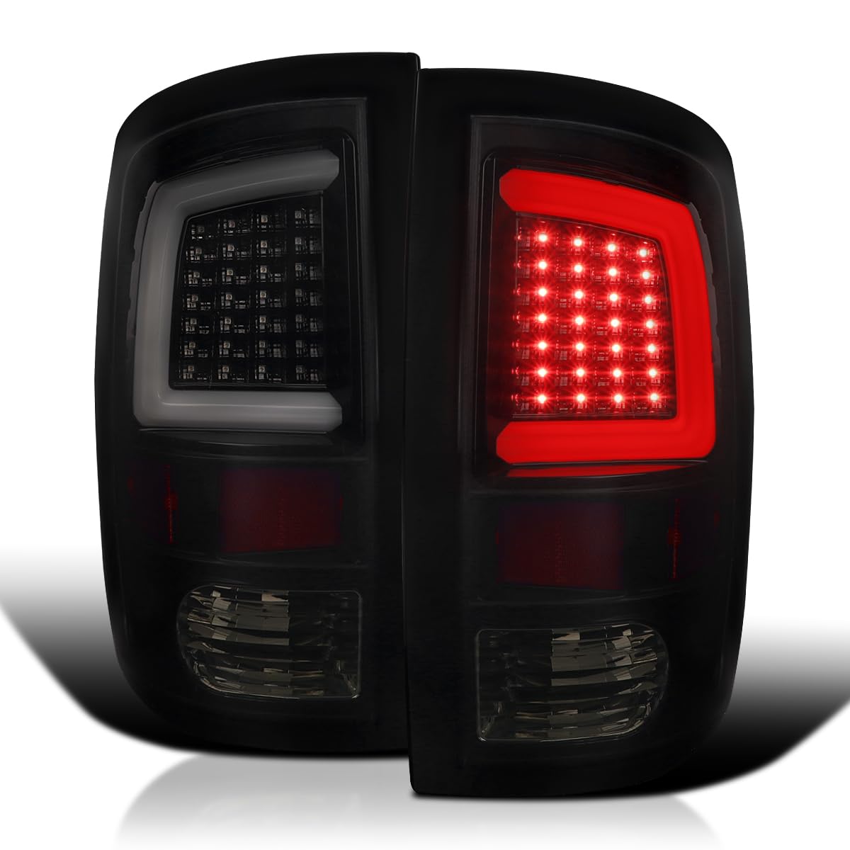 Glossy Black Smoke SPEC-D TUNING LED Tail Lights w/White LED Light Bar Compatible with 2009-2018 Dodge Ram 1500, 2010-2018 Dodge Ram 2500/3500, Left + Right Pair Assembly