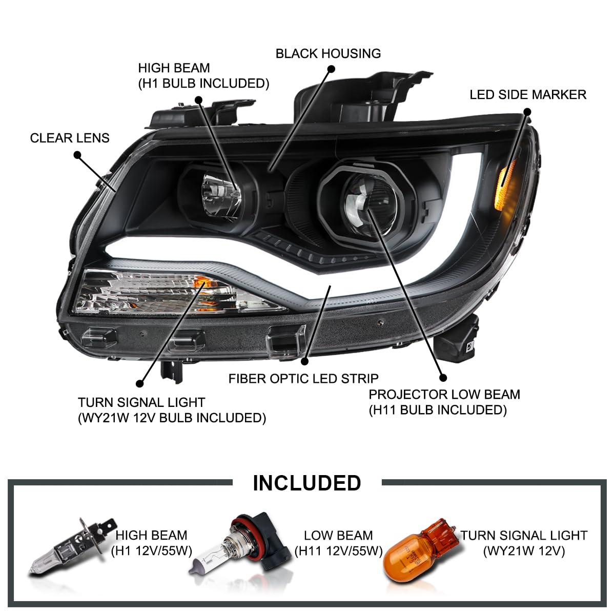 Black LED Light Bar Projector Headlights SPEC-D TUNING Compatible with 2015-2022 Chevy Colorado, Left + Right Pair Headlamps Assembly