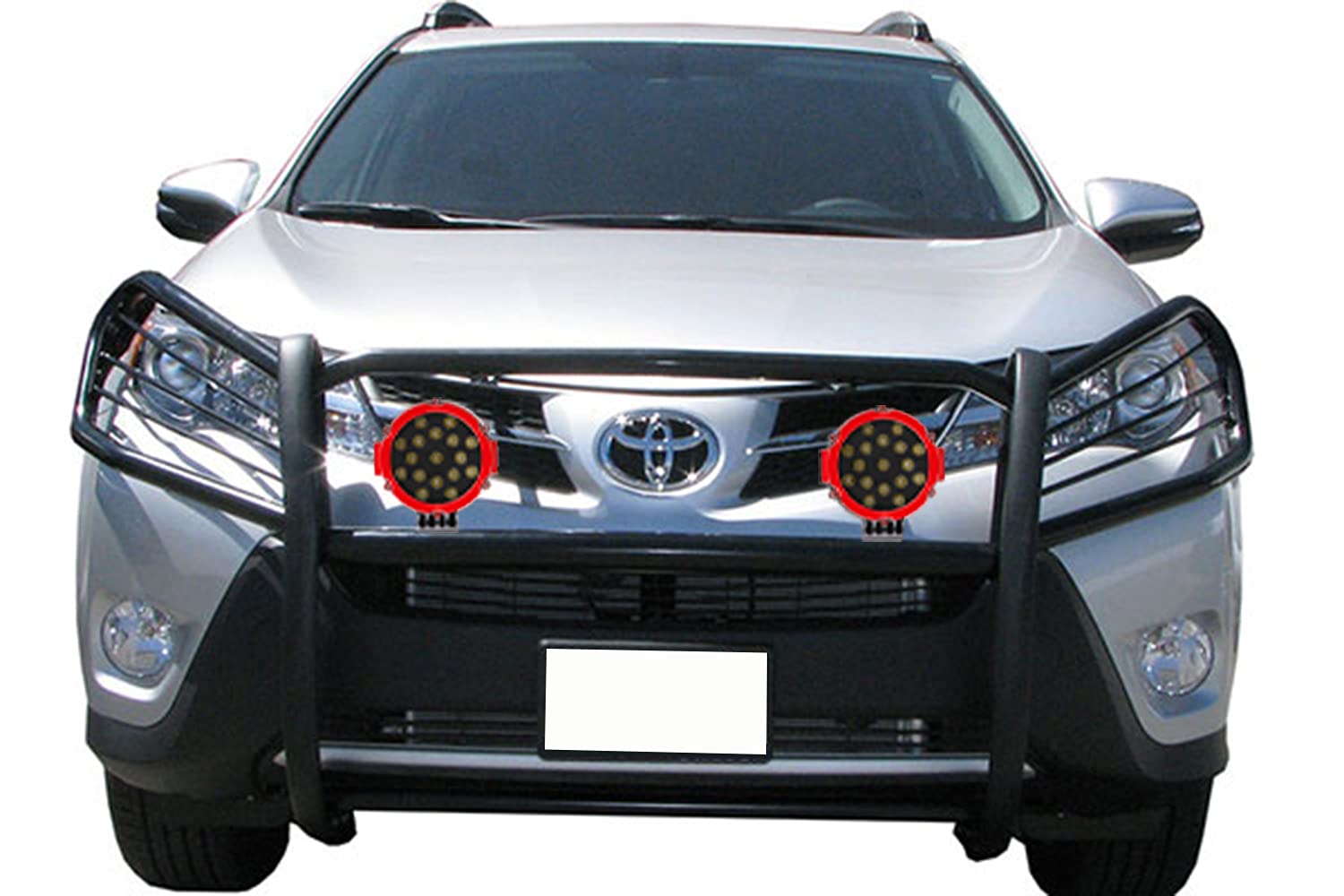 Black Horse Grille Brush Bumper Guard Black Modular Come with Pair of 7.0" Dia.LED Lights with Red Trim Rings Compatible with 2006-2018 Toyota RAV4