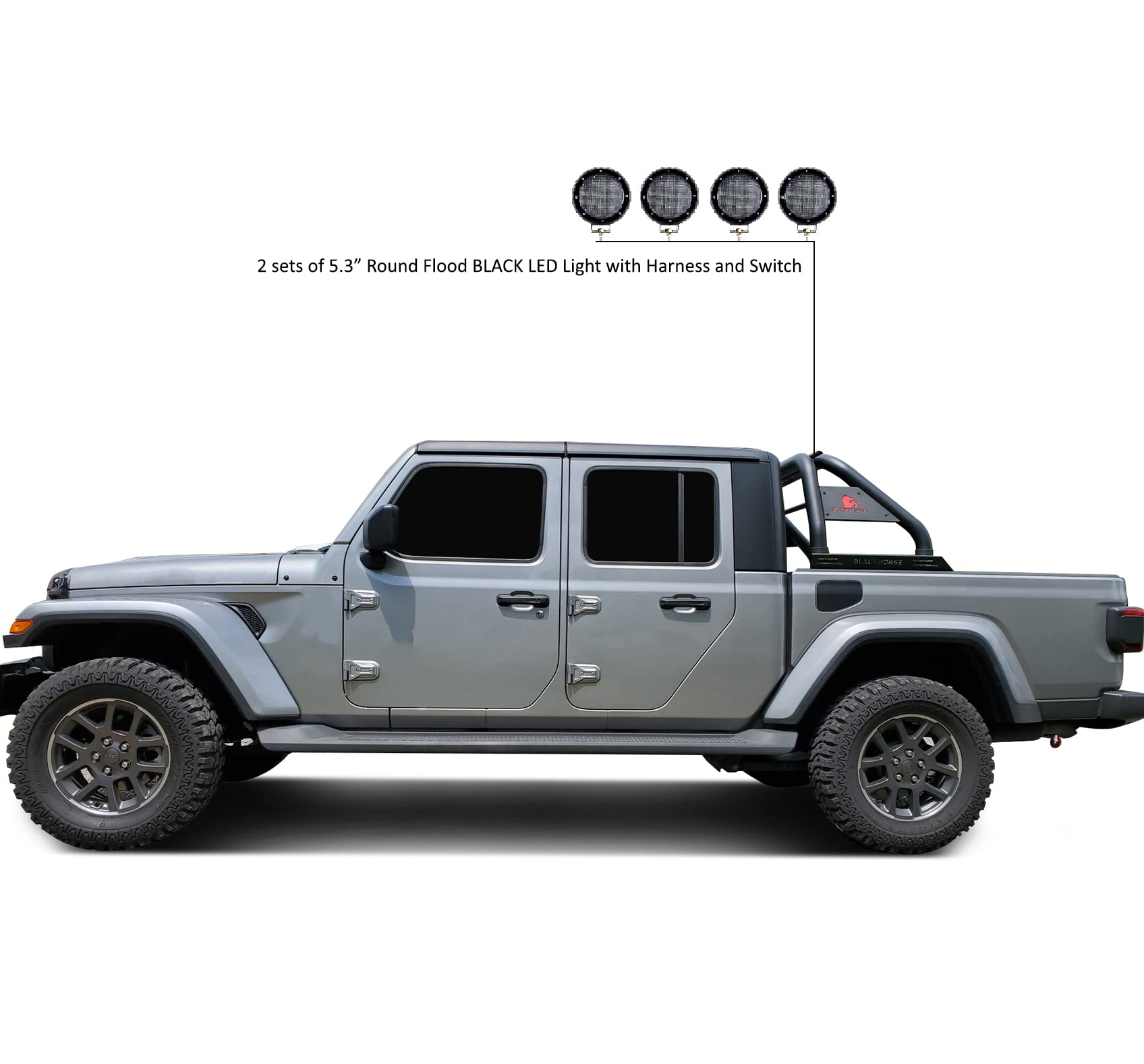 CLASSIC Black Horse Roll Bar Incl. Set of 5.3"Dia.LED Lights w/Black Trim Rings Compatible with 2020-2024 Jeep Gladiator-RB09BK-PLFB