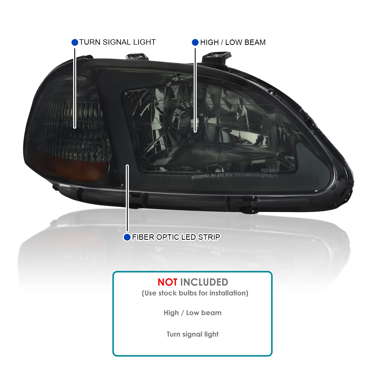 Smoke Headlights w/LED Tube Bar Spec-D Tuning Compatible with 1996-1998 Honda Civic 2/4Dr