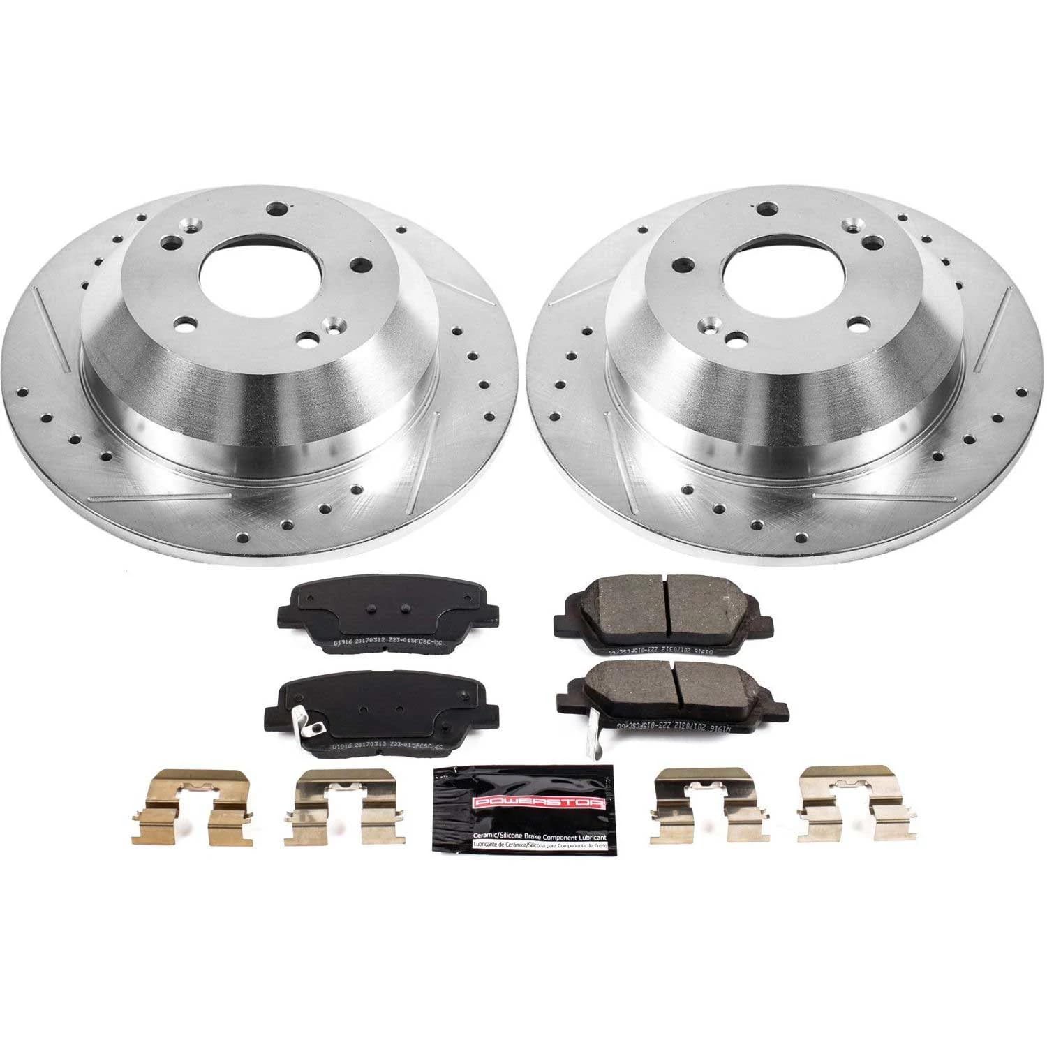 Power Stop K7507 Z23 Carbon Fiber Brake Pads Rear with Drilled and Slotted Brake Rotors Kit For 2010-2018 Santa Fe | 2013-2018 Santa Fe Sport | 2011-2015 Sorento