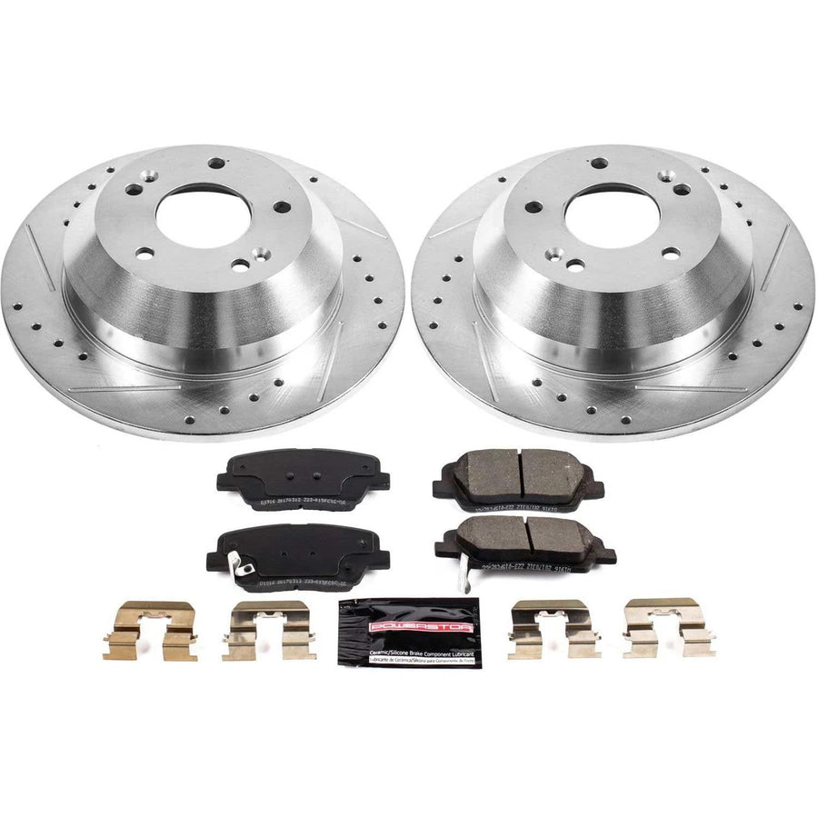 Power Stop K7507 Z23 Carbon Fiber Brake Pads Rear with Drilled and Slotted Brake Rotors Kit For 2010-2018 Santa Fe | 2013-2018 Santa Fe Sport | 2011-2015 Sorento