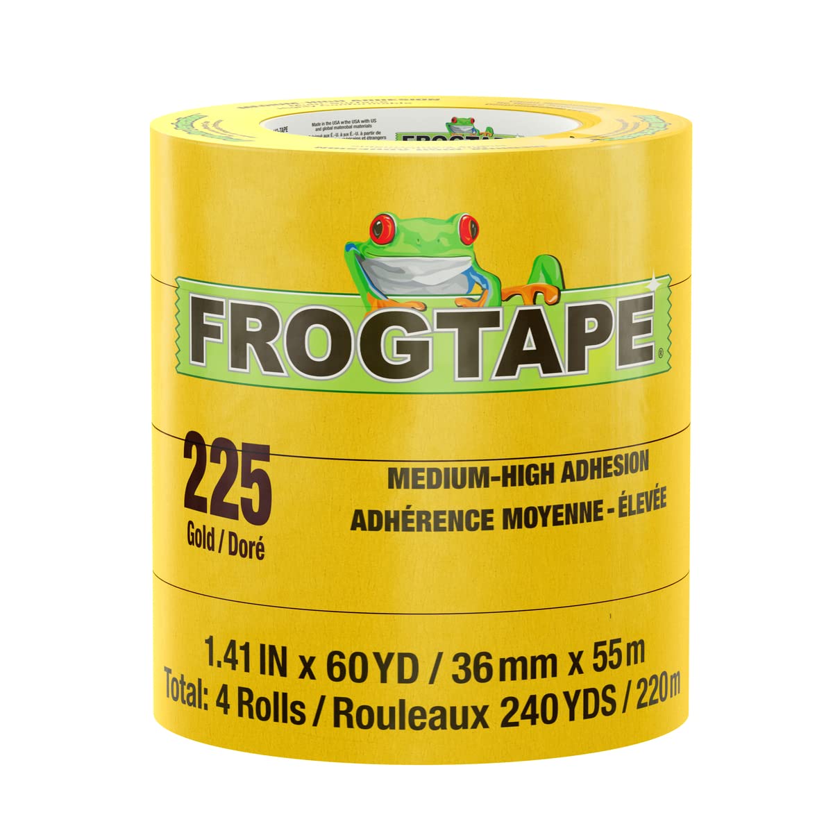 Gold FROGTAPE 225 Moderate Temperature Performance Grade Masking Tape, Medium-High Adhesion, 36mm x 55m, 4 Rolls per Pack (105321)