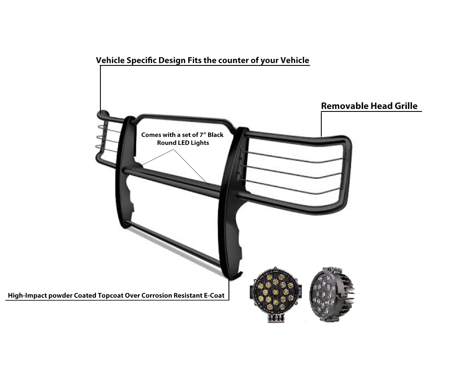 Bumper Guard Black Horse Grille Brush Modular Come with Pair of 7.0" Dia.LED Lights with Black Trim Rings Compatible with 1995-2001 Ford Explorer|1997-2001 Mercury Mountaineer-17F80218MA-PLB