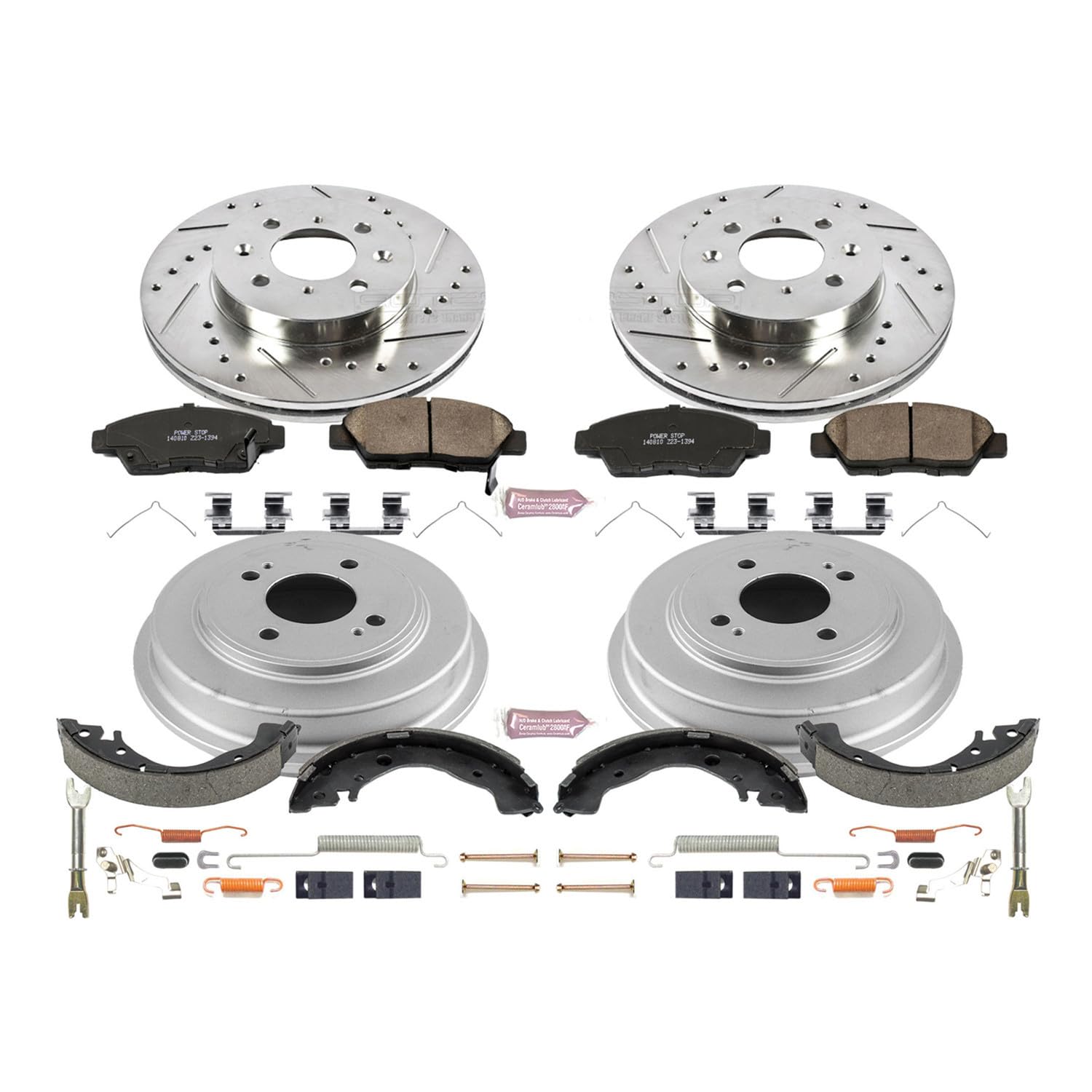 Power Stop K15245DK Z23 Carbon Fiber Brake Pads Front and Rear with Drilled & Slotted Brake Drums Kit For Honda Fit 2009-2014 [Model Specific]