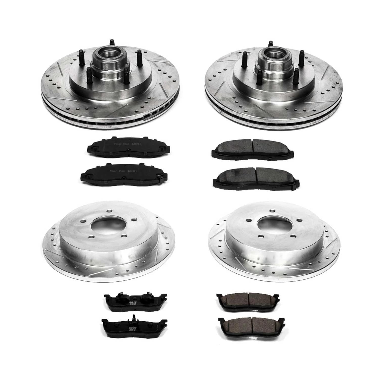 Power Stop K1864 Z23 Carbon Fiber Brake Pads Front and Rear with Drilled & Slotted Brake Rotors Kit For Ford F-150 1999-2000 [Model Specific]