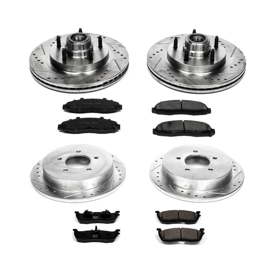 Power Stop K1864 Z23 Carbon Fiber Brake Pads Front and Rear with Drilled & Slotted Brake Rotors Kit For Ford F-150 1999-2000 [Model Specific]