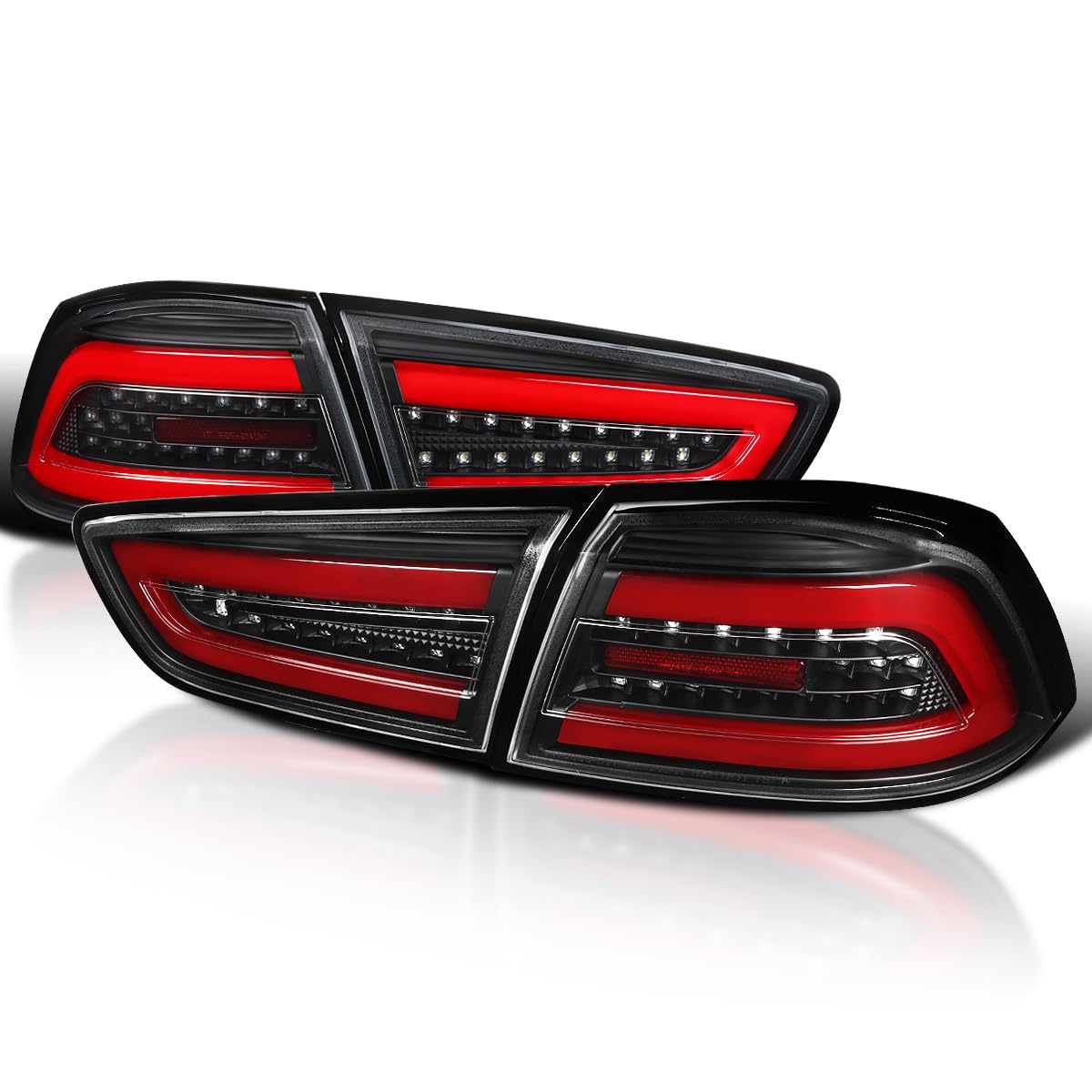 Black Tail Lights w/Red LED Bar SPEC-D TUNING Compatible with 2008-2017 Mitsubishi Lancer, 2008-2015 Mitsubishi Lancer Evolution, Left + Right Pair Assembly