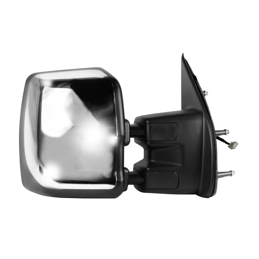 68123N Fit System Passenger Side Towing Mirror for Nissan NV 1500, 2500, 3500, extendable, Textured Black w/Chrome Cover, Dual Lens, Foldaway, Heated Power