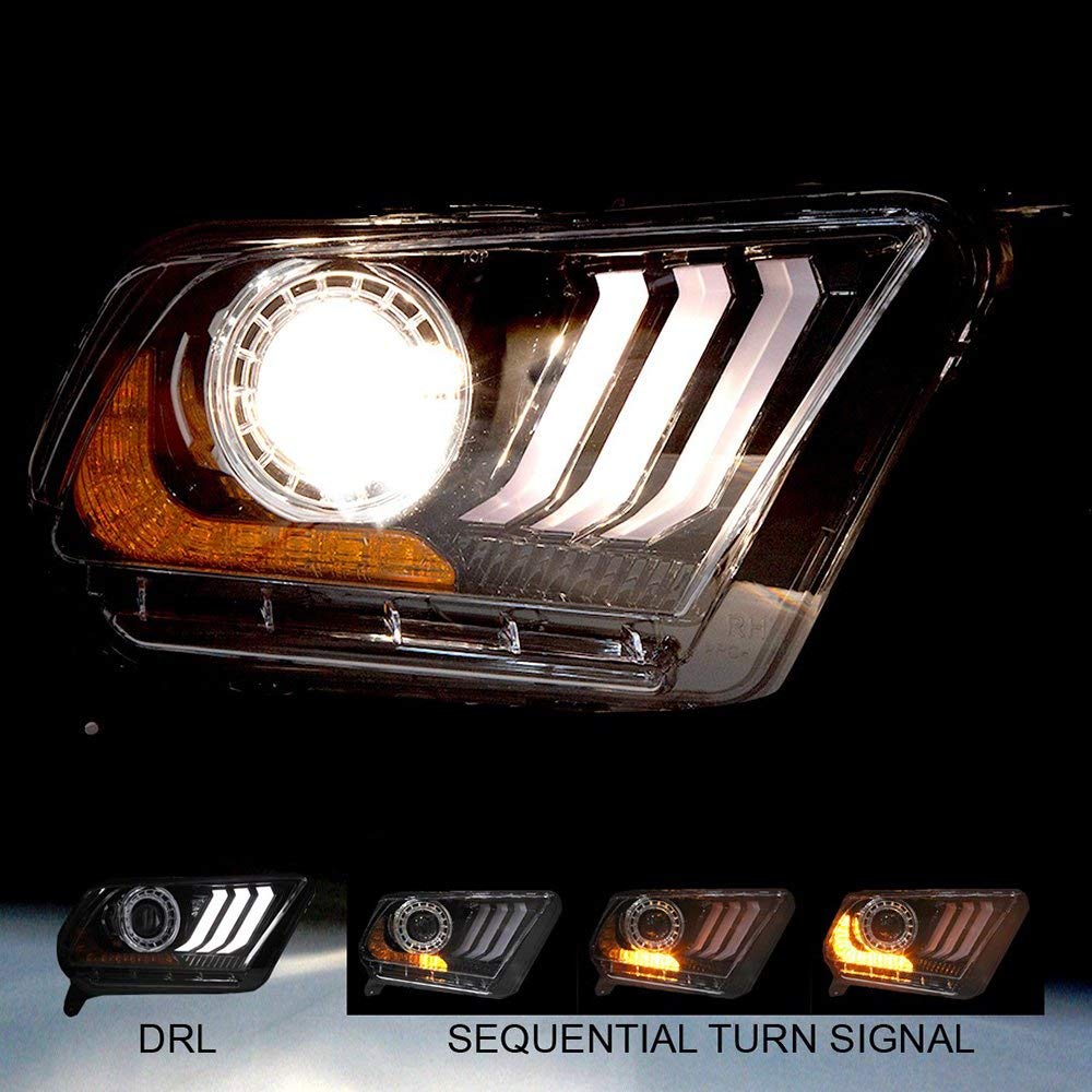 Renegade Series Winjet Compatible with 2010 2011 2012 S197 Ford Mustang S550 Style LED DRL Sequential Projector Aftermarket Performance Headlight Pair Set