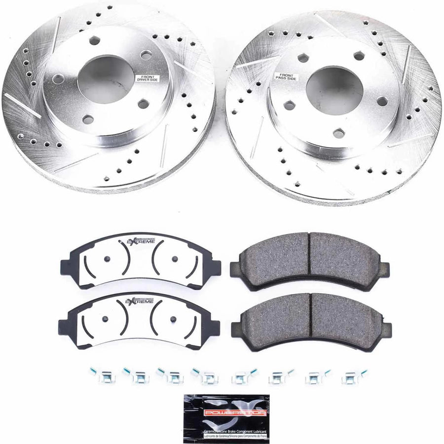 Power Stop Brake Kit Front For 1997 1998 1999 2000 2001 2002 2003 2004 2005 Chevrolet Blazer - Truck & Tow Carbon Fiber Ceramic Brake Pads & Drilled and Slotted Rotors Replacement, K2004-36