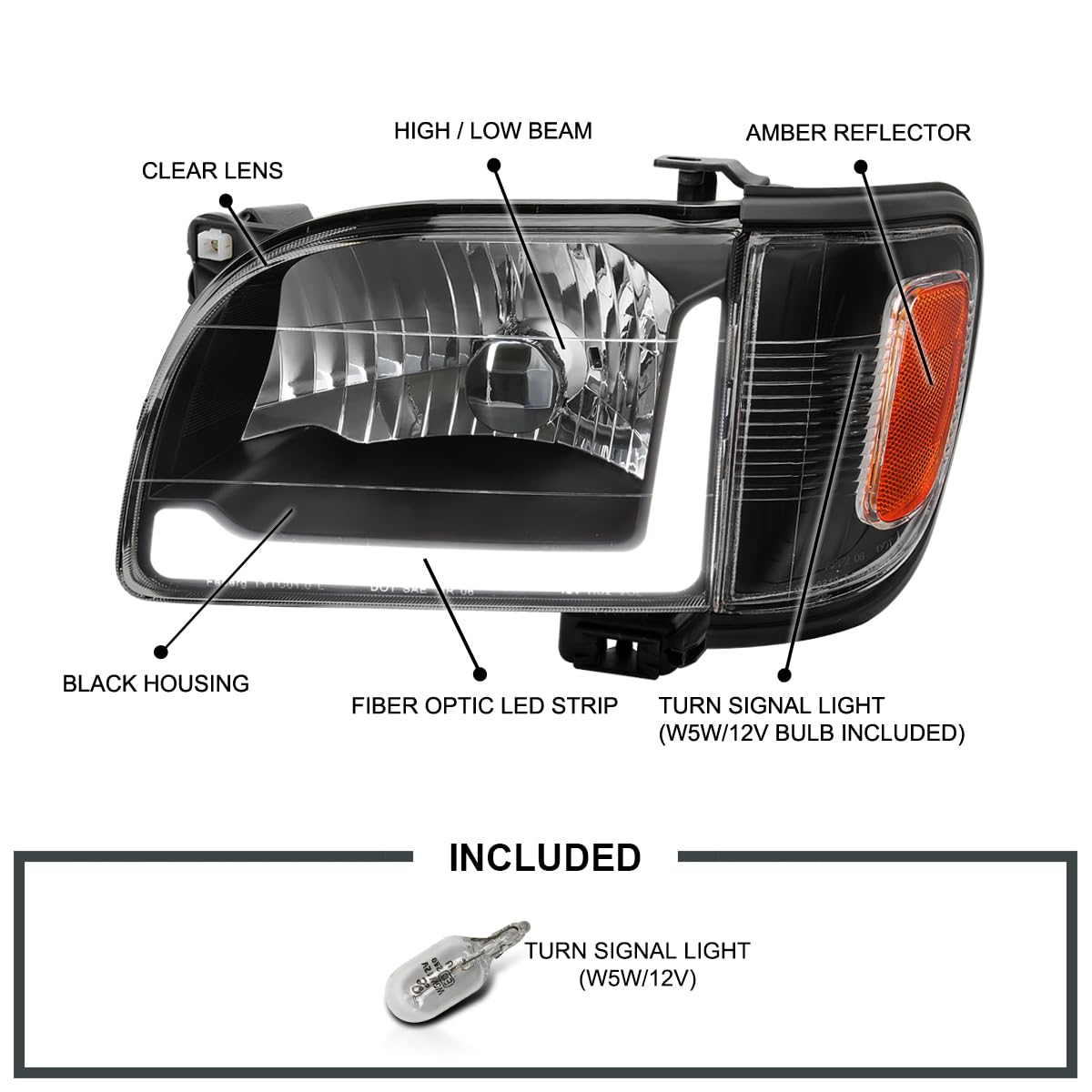 Black LED Tube Headlights + Corner Lights Spec-D Tuning Compatible with 2001-2004 Toyota Tacoma, Left + Right Pair Headlamp Assembly