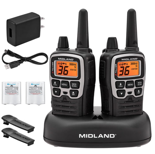 Midland® T71VP3 Long Range X-TALKER Walkie Talkie - FRS Two-Way Radio for Camping Overlanding Rock Crawling - NOAA Weather Scan - 36 Channels and 121 Privacy Codes Black/Silver 2 Pack