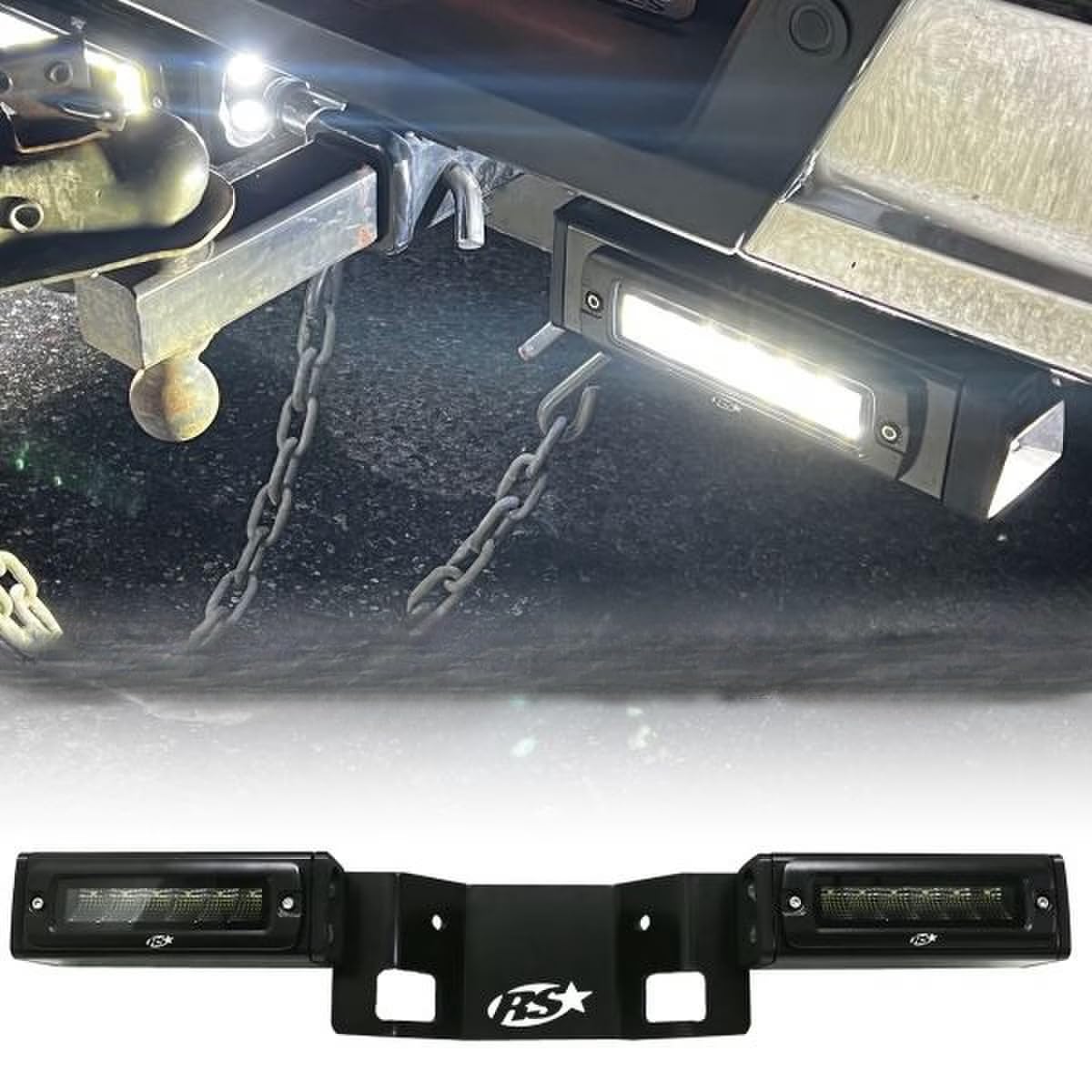 2020-2024 Chevy GMC 1500 Reverse Hitch Bar 7in LED Flood Lighting Heavy Duty Bolt-On Blacked Out Kit with Heated Lens and Dual End Light Cap