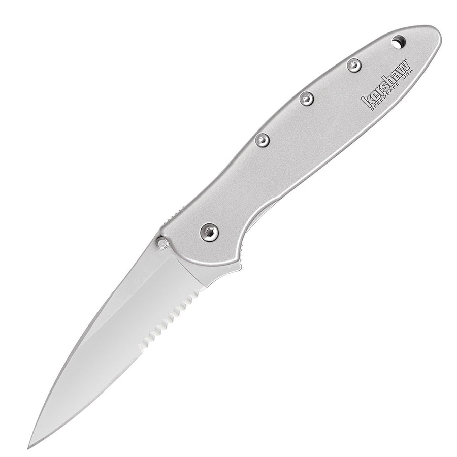 Kershaw Pocket Knife Leek, Silver, 3 Inch Stainless Steel Partially Serrated Blade, EDC with Assisted Opening, Made in the USA, Reversible Clip Carry, Everyday Carry Pocket Knife for Men and Women