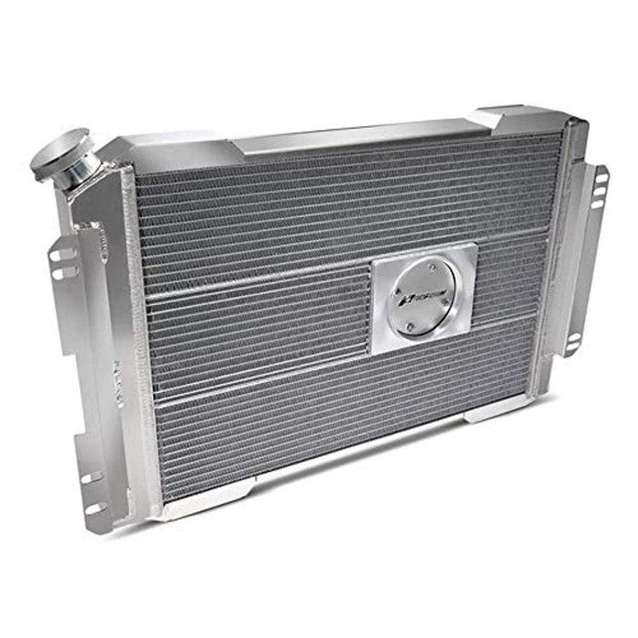 Slim-Fit Radiator, Direct Fit Series, 28-7/64 in W x 18-1/2 in H x 4 in D, Single Pass, Driver Side Inlet, Passenger Side Outlet, Aluminum, Natural, GM LS-Series, Automatic Transmission