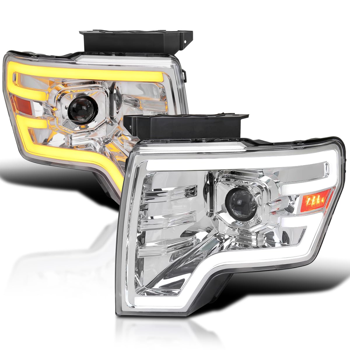 Chrome Projector Headlights SPEC-D TUNING w/Switchback Sequential LED Signal Tube and Startup Animation Compatible with 2009-2014 Ford F150 F-150, Left + Right Pair Headlamps Assembly