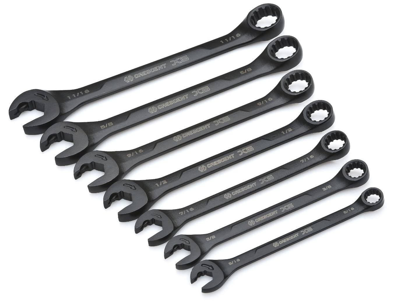 7 Piece Crescent X6 Black Oxide Spline Open End Ratcheting Combination SAE Wrench Set - CX6RWS7