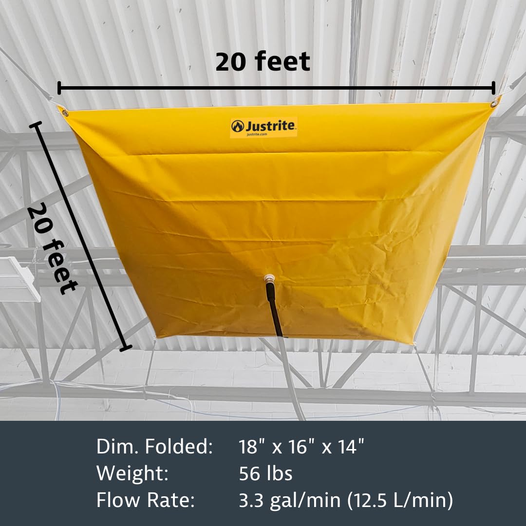 Justrite Leak Diverter Ceiling Tarp with Hose Connection and Corner Grommets, 20' x 20' Puncture-Resistant and Watertight PVC-Coated Fabric, for Temporary Leak Fix, Made in The USA, Yellow, 28318