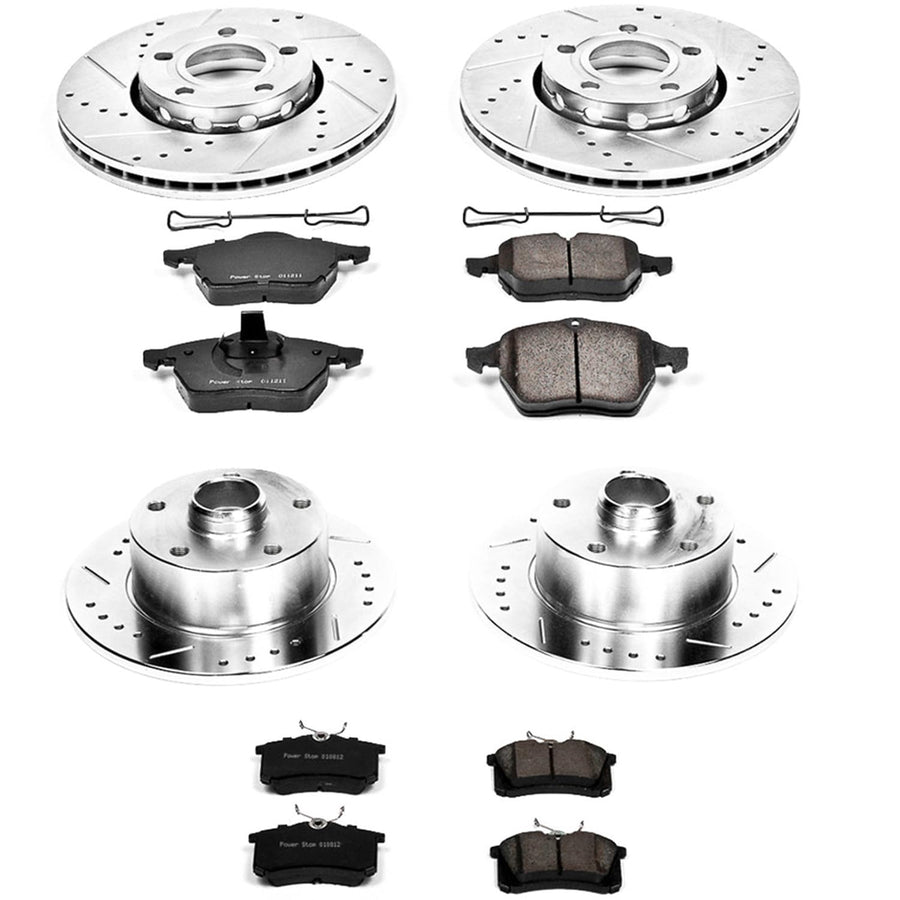 Power Stop K2824 Z23 Carbon Fiber Brake Pads Front and Rear with Drilled & Slotted Brake Rotors Kit For Audi A4 1997-1998 [Model Specific]