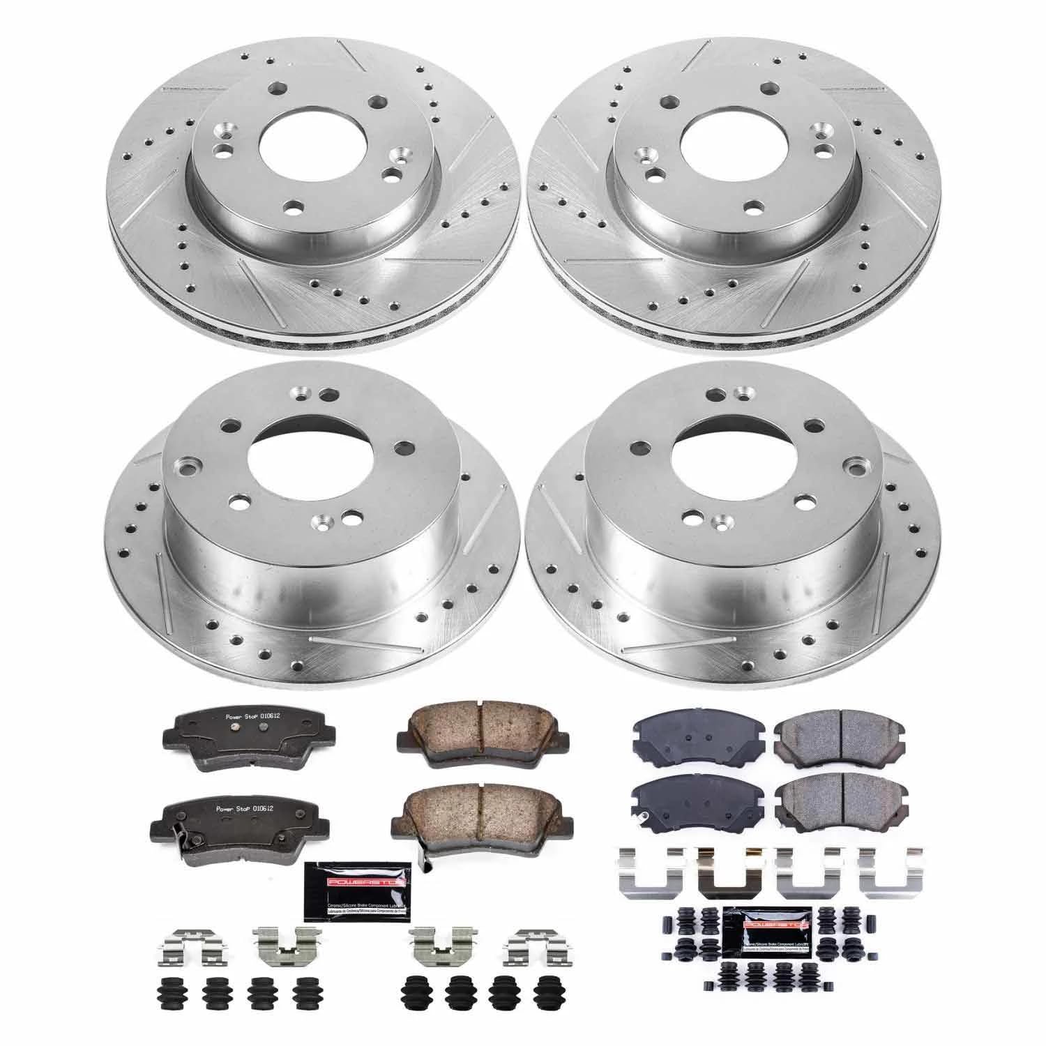 Power Stop K6310 Z23 Carbon Fiber Brake Pads Front and Rear with Drilled & Slotted Brake Rotors Kit For Kia Soul 2010-2011 [Model Specific]
