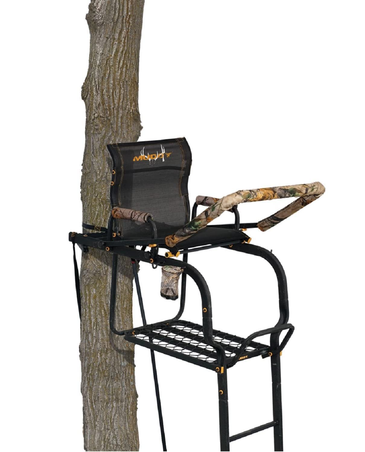 Odyssey XTL Muddy Ladder Stand - 20' Height Durable Steel Outdoor Hunting Silencer Technology Tree Stand with Padded Flip-Back Shooting Rest & Armrests, 350 Pound Maximum Capacity