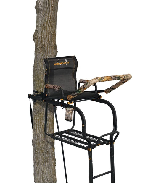 Odyssey XTL Muddy Ladder Stand - 20' Height Durable Steel Outdoor Hunting Silencer Technology Tree Stand with Padded Flip-Back Shooting Rest & Armrests, 350 Pound Maximum Capacity