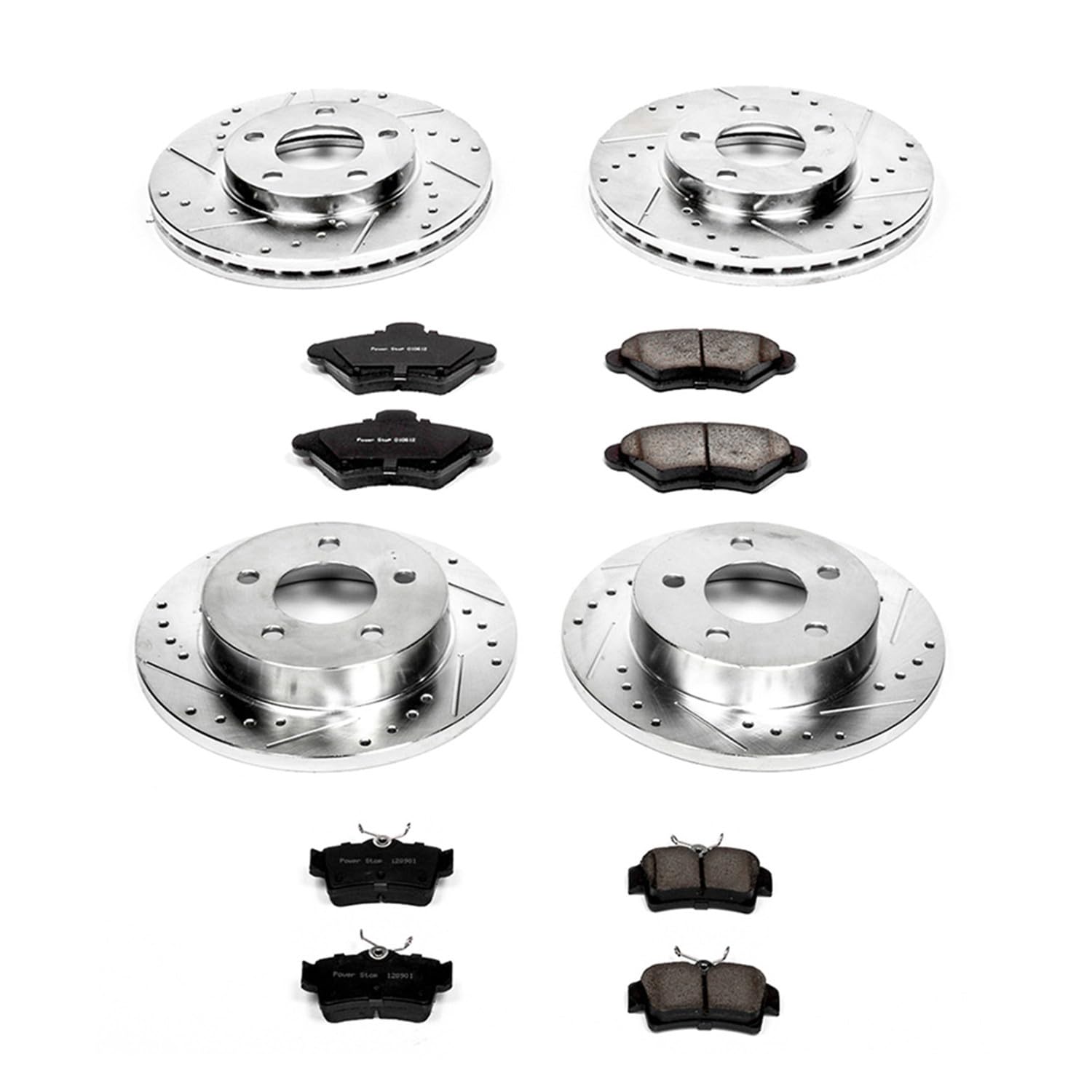 Power Stop K1300 Z23 Carbon Fiber Brake Pads Front and Rear with Drilled & Slotted Brake Rotors Kit For Ford Mustang 1994-1998 [Model Specific]