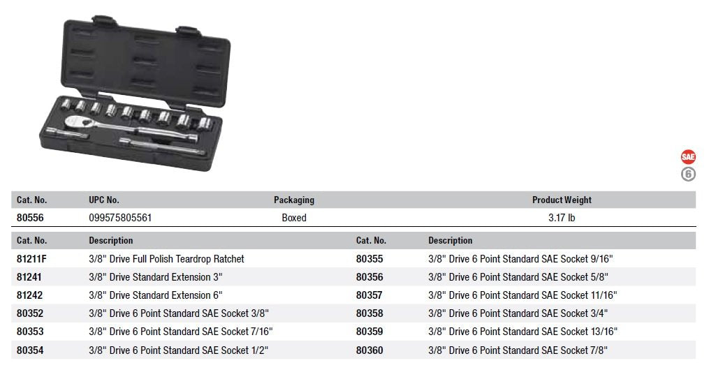 12 Pc. GEARWRENCH 3/8" Drive 6 Pt. Standard Mechanics Tool Set, SAE - 80556