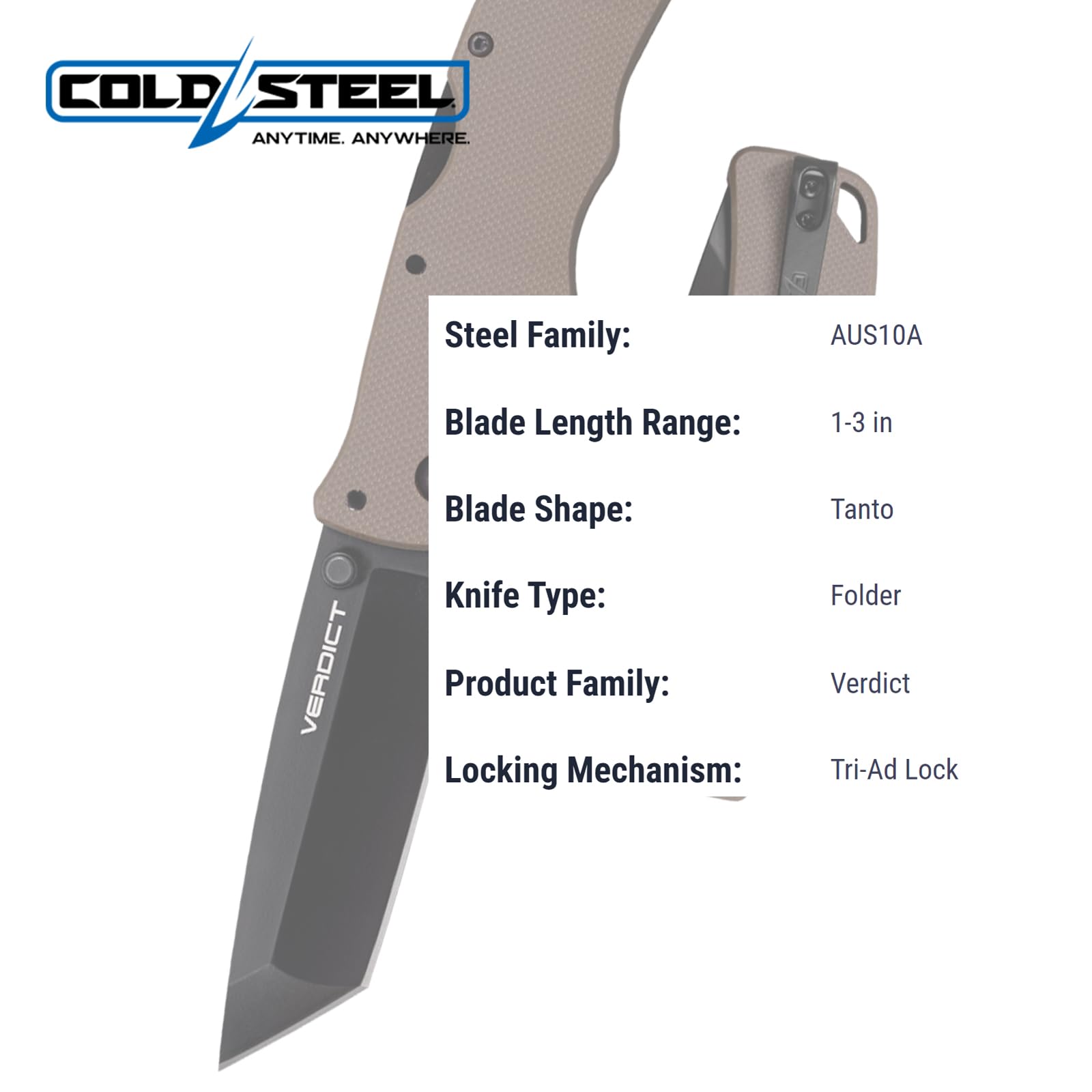 3" Cold Steel Verdict AUS10A Tanto Point Blade 4.25" G-10 FDE Handle Everyday Carry Tactical Folding Knife with Tri-Ad Lock