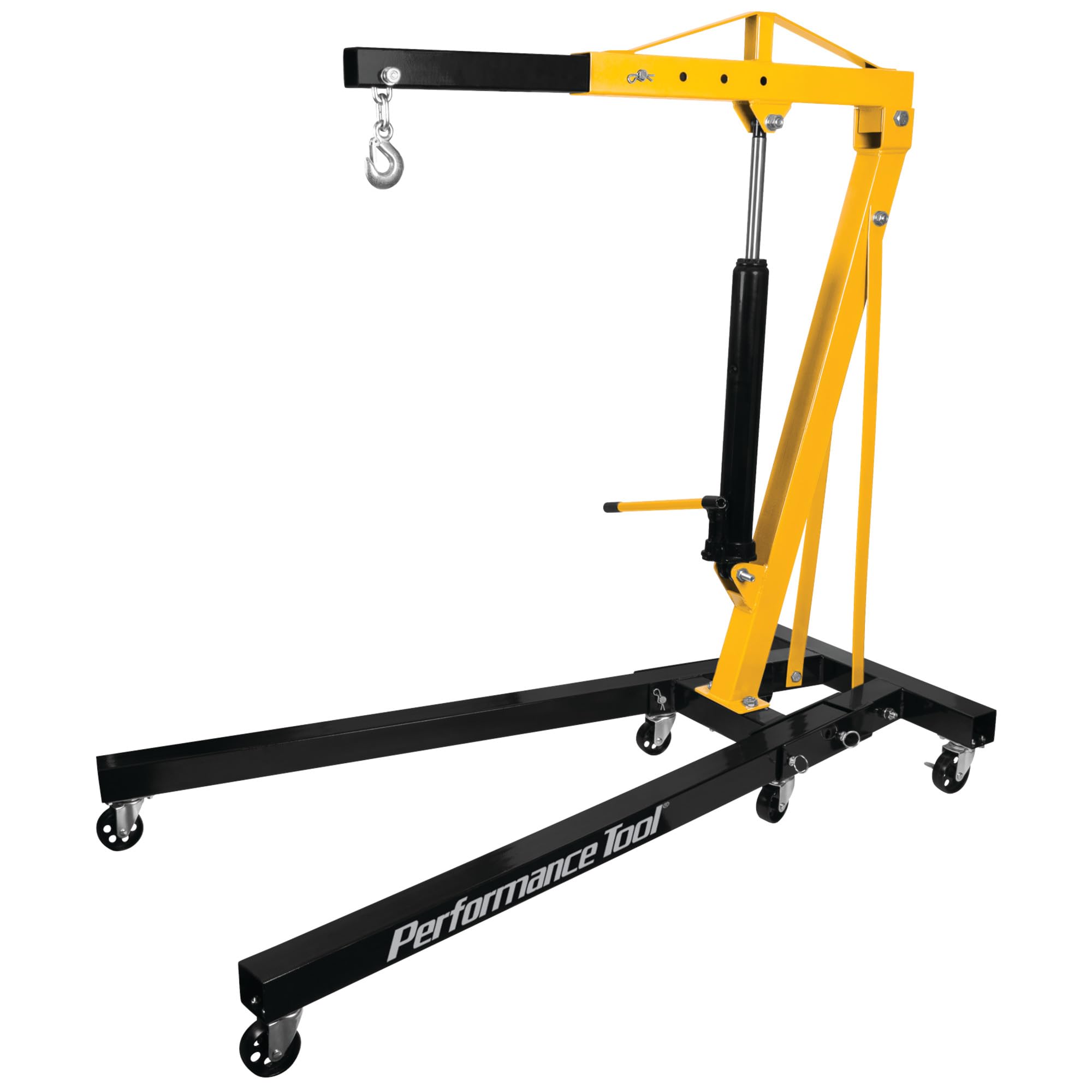 1-Ton Performance Tool W41049 Foldable Shop Crane - Fold-Up Legs, 2,000-Lb. Capacity, Load-Limiting Safety Valve, Yellow