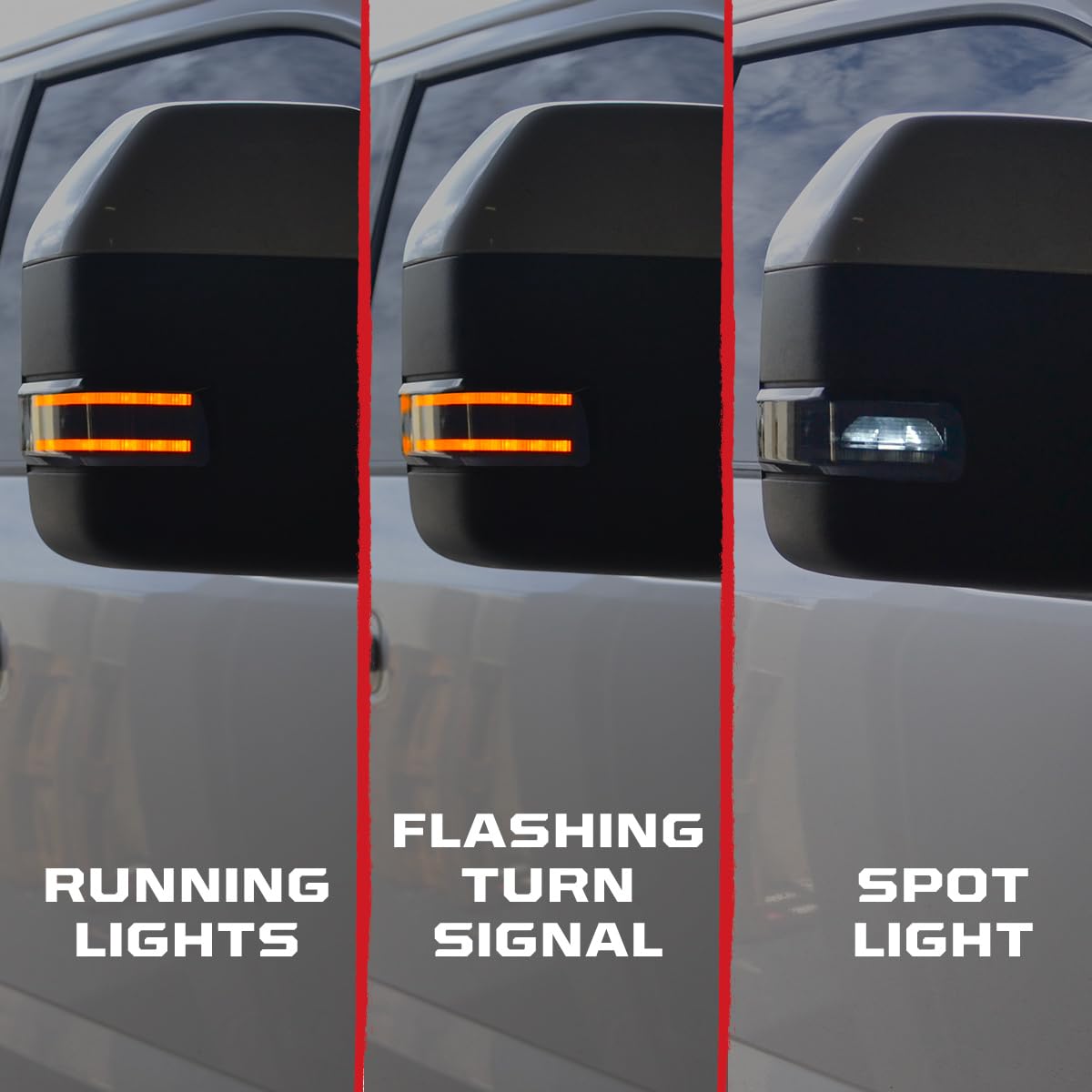 RECON Premium LED Side Mirror Lenses Fits Ford 17-24 F250, F350, F450, F550 w/Amber Daytime Running Lights (DRL), Blinking Turn Signals & White Spot Lights - Smoked Lens