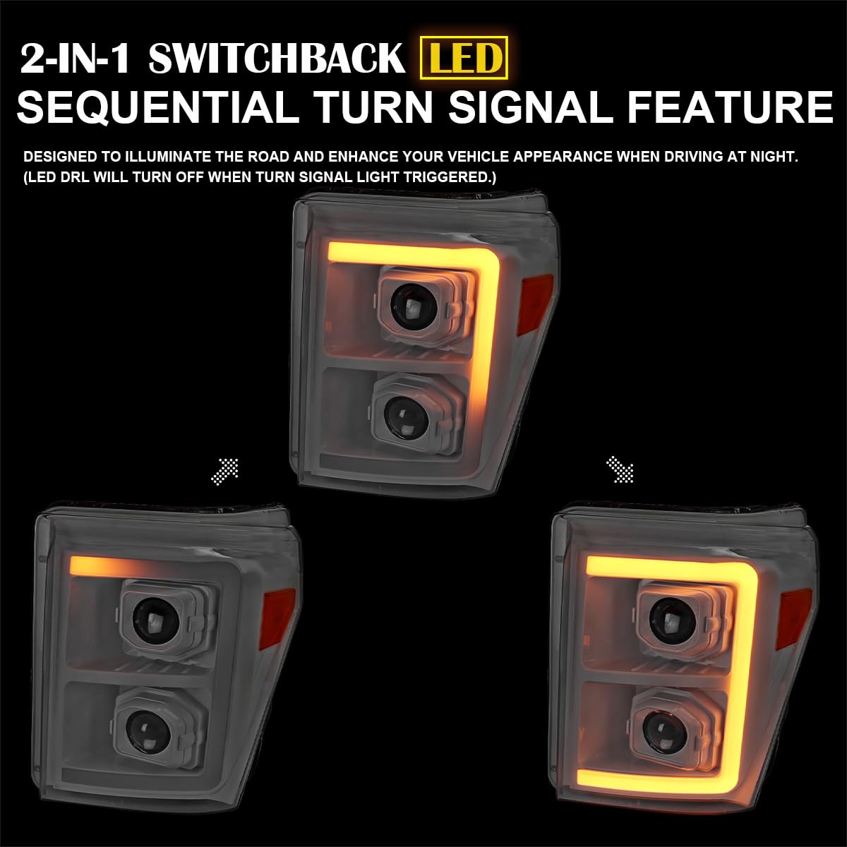 Special Edition SPEC-D TUNING Arctic White Projector Headlights w/Switchback Sequential LED Bar and Startup Animation Compatible with 2011-2016 Ford F250 F350 F450 F550 Super Duty, Left + Right Pair