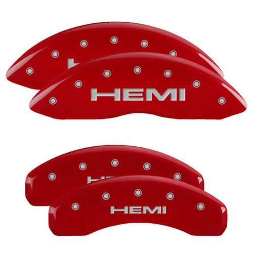 Brake Caliper Covers MGP for Jeep Grand Cherokee 2011-21, WK 2022 (Requires 17"+ Wheels) Red Powder-Coated Finish, Engraved Silver HEMI Logo, Front and Rear Caliper Covers (Set of 4)