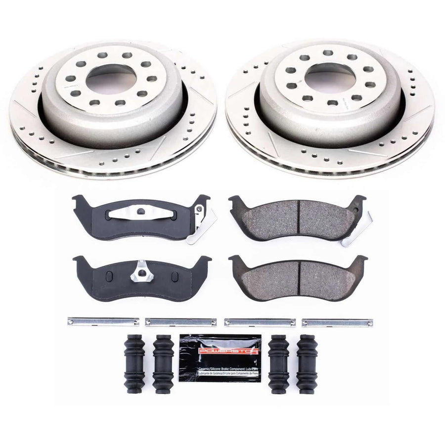 Power Stop K5293 Rear Brake Pads Z23 Carbon Fiber with Drilled & Slotted Brake Rotors Kit For Lincoln Town Car 2003-2011 [Model Specific]