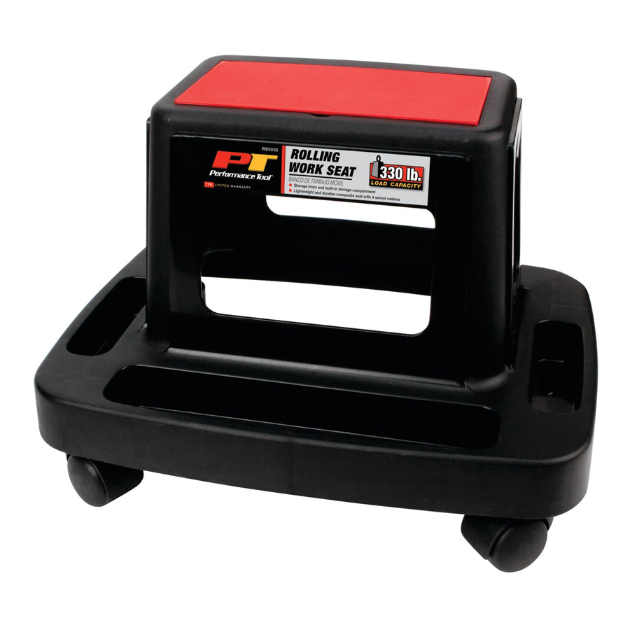 Multi-Slot Creeper Performance Tool W85026 Rolling Work Seat with Storage Tray for Mechanic Garages and Workshops, Black/Red, 18x13.4x12.4-Inches
