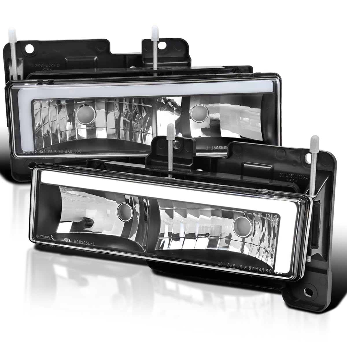 Black Headlights w/LED Bar SPEC-D TUNING Compatible with 1988-1998 GMC Sierra, Chevy C10, Silverado, and C/K 1500/2500/3500. 1994-1999 C/K 1500/2500 Suburban