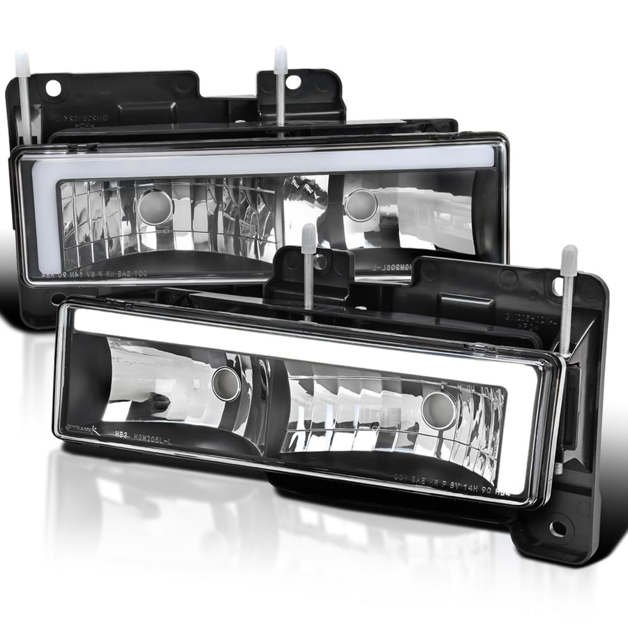 Black Headlights w/LED Bar SPEC-D TUNING Compatible with 1988-1998 GMC Sierra, Chevy C10, Silverado, and C/K 1500/2500/3500. 1994-1999 C/K 1500/2500 Suburban