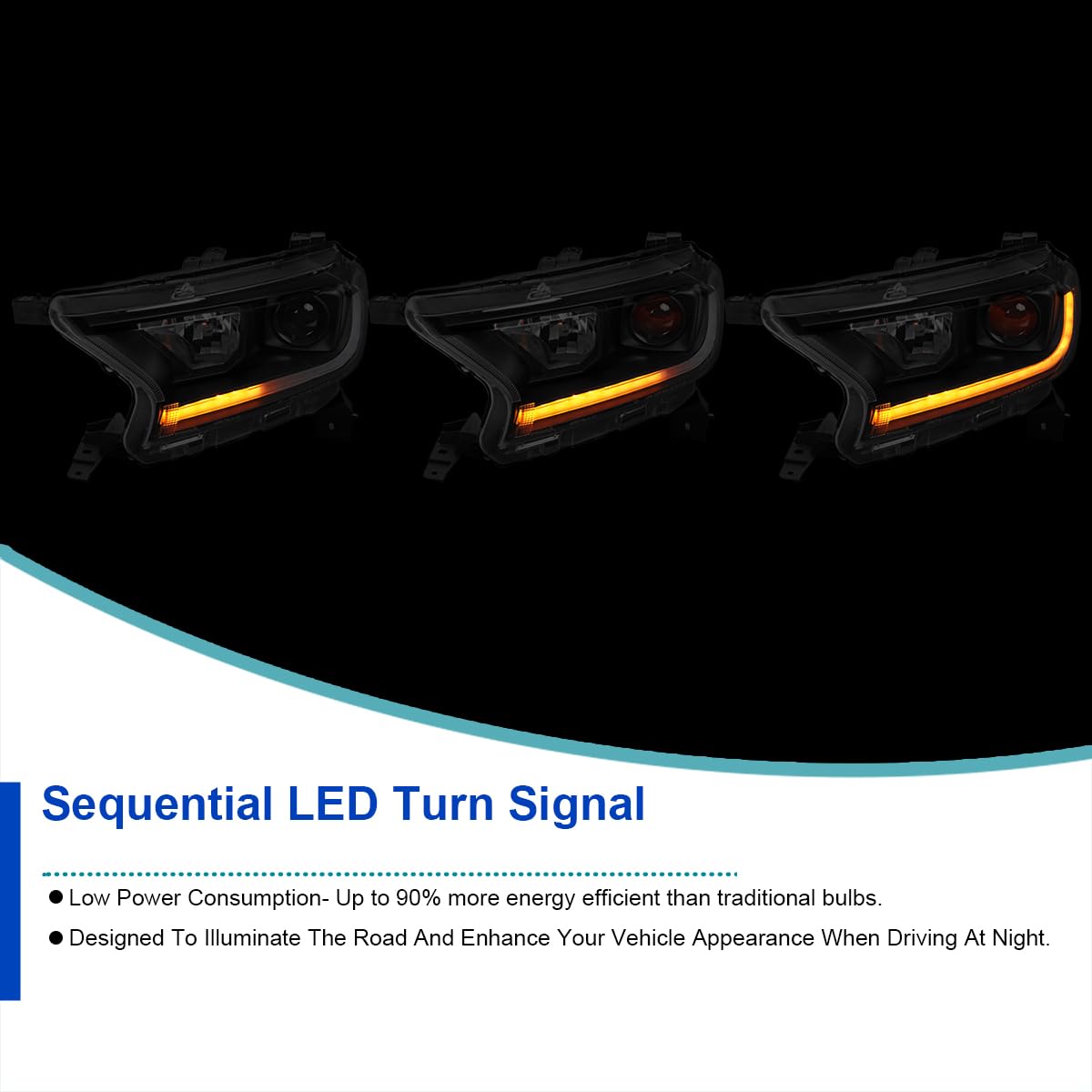Black Sequential Projector Headlights SPEC-D TUNING Compatible with 2019-2022 Ford Ranger XL/XLT, Left + Right Pair Headlamps Assembly