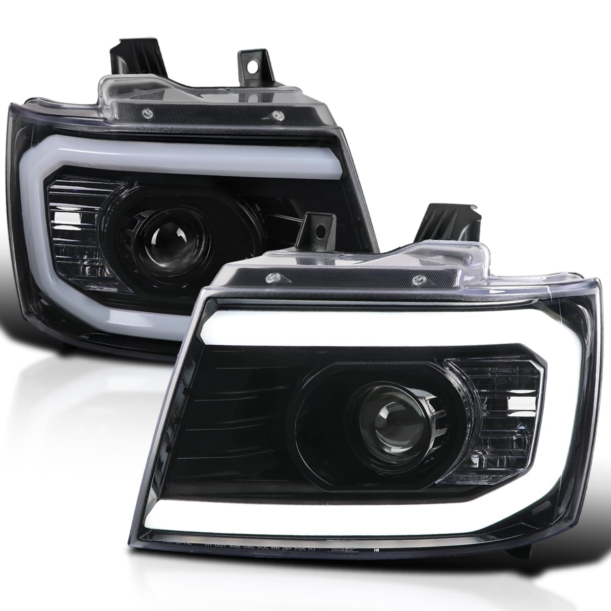 Jet Black SPEC-D TUNING DRL LED Strip Projector Headlights Compatible with 2007-2014 Chevy Avalanche, Tahoe, Suburban 1500 2500, Left + Right Pair Headlamps Assembly