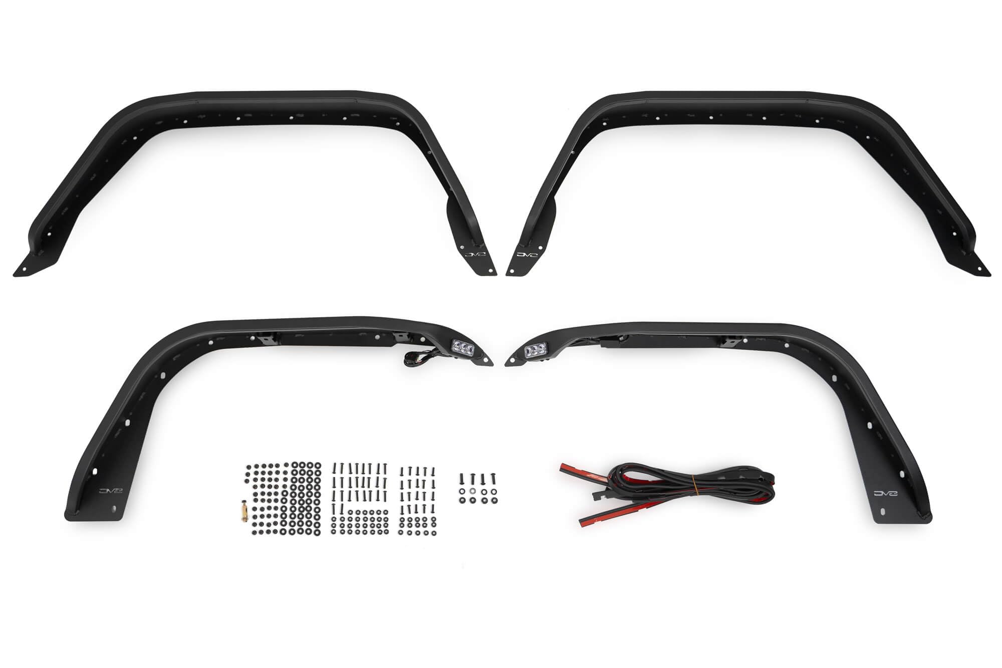 Slim Fender Flares DV8 Offroad for the 2020-2024 Jeep Gladiator JT | Front & Rear | Steel Construction | Complete Set of 4 | Plug & Play Dual Stage Running Lights & Turn Signal