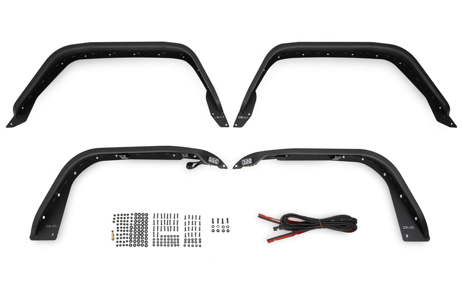 Slim Fender Flares DV8 Offroad for the 2020-2024 Jeep Gladiator JT | Front & Rear | Steel Construction | Complete Set of 4 | Plug & Play Dual Stage Running Lights & Turn Signal