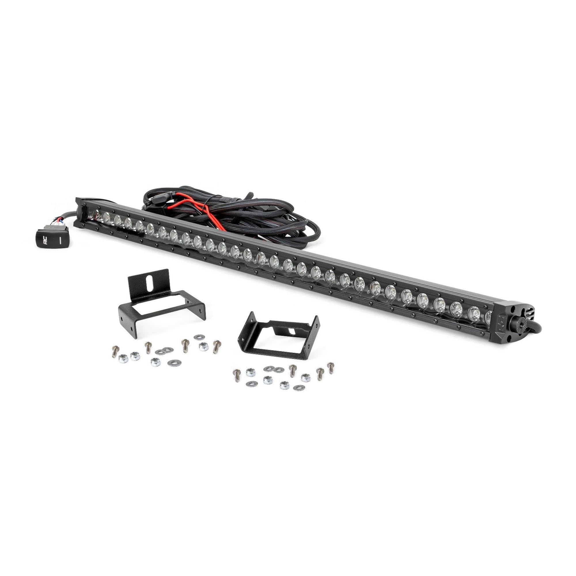 30" Rough Country Curved Dual Row LED Light Bar with Mesh Grille Mount Kit 30" for Ford F-250/F-350 Super Duty (2011-2016) - 30-in Black Series 300w LED Bar, White DRL