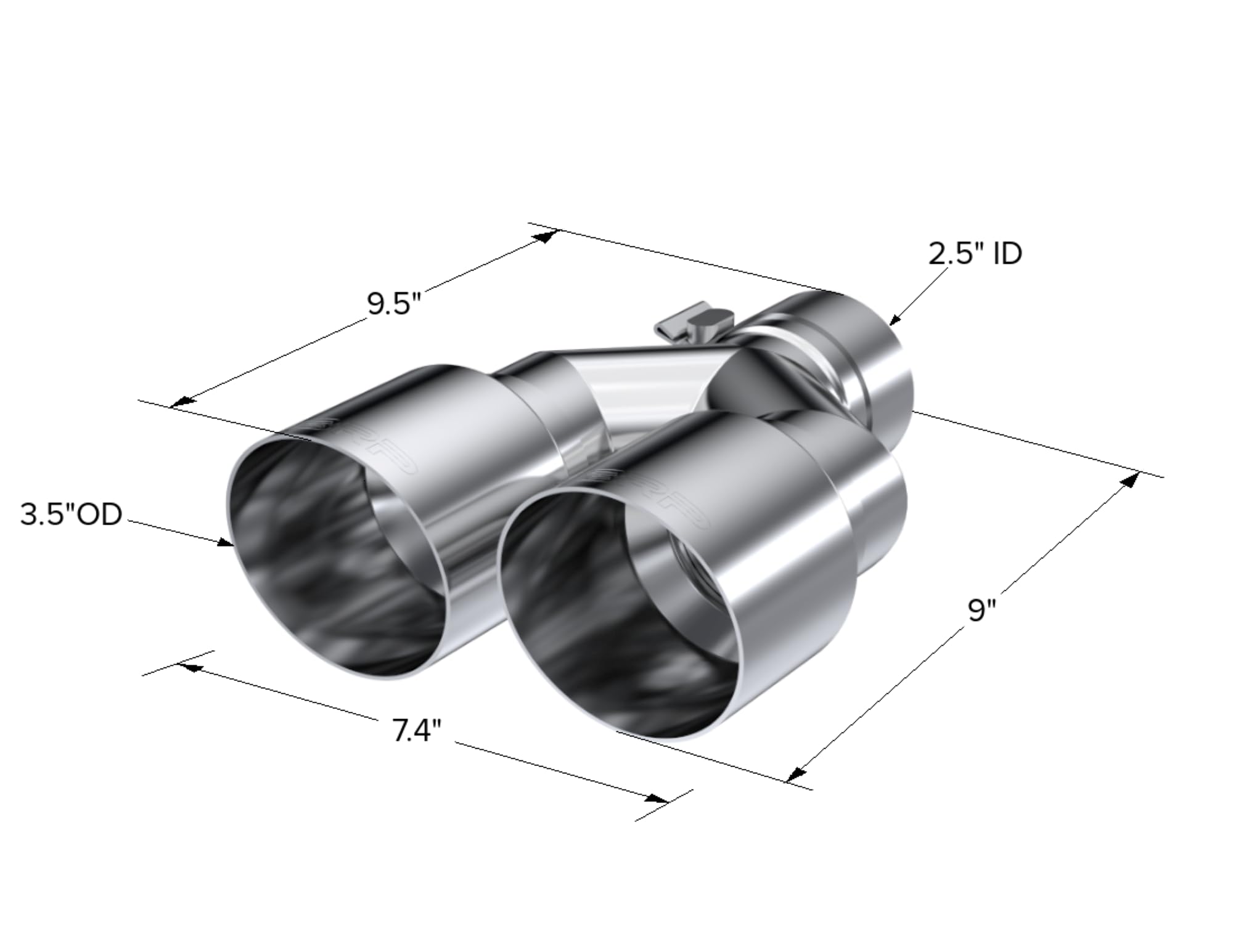 T304 Stainless Steel Tip, MBRP; 2.5" ID, Dual 3.5" OD Out, 9.5" length, Single wall