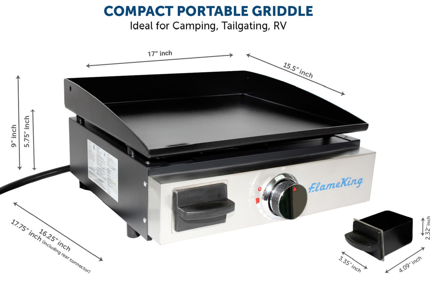17-inch Flame King Flat Top Griddle for BBQ Grill w/Regulator, Propane Gas Griddle for RV Pullout Kitchen