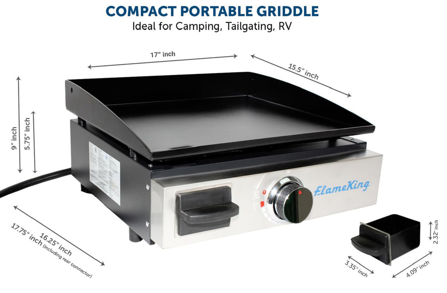 17-inch Flame King Flat Top Griddle for BBQ Grill w/Regulator, Propane Gas Griddle for RV Pullout Kitchen