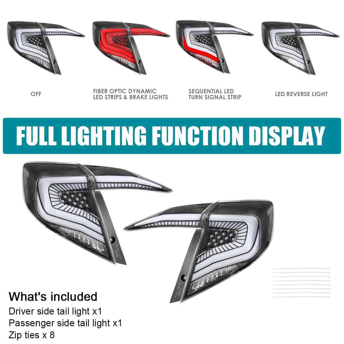 Black Tail Lights w/White LED Strips, SPEC-D TUNING Sequential LED Turn Signal, and Startup Animation Compatible with 2016-2021 Honda Civic 4-Door Sedan, Left + Right Pair Assembly